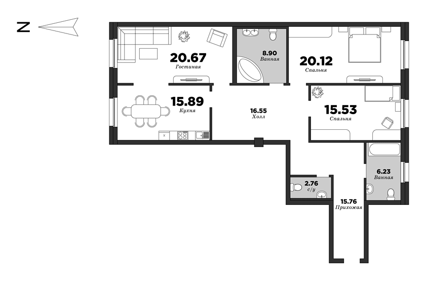 NEVA HAUS, Корпус 1, 3 спальни, 122.41 м² | планировка элитных квартир Санкт-Петербурга | М16